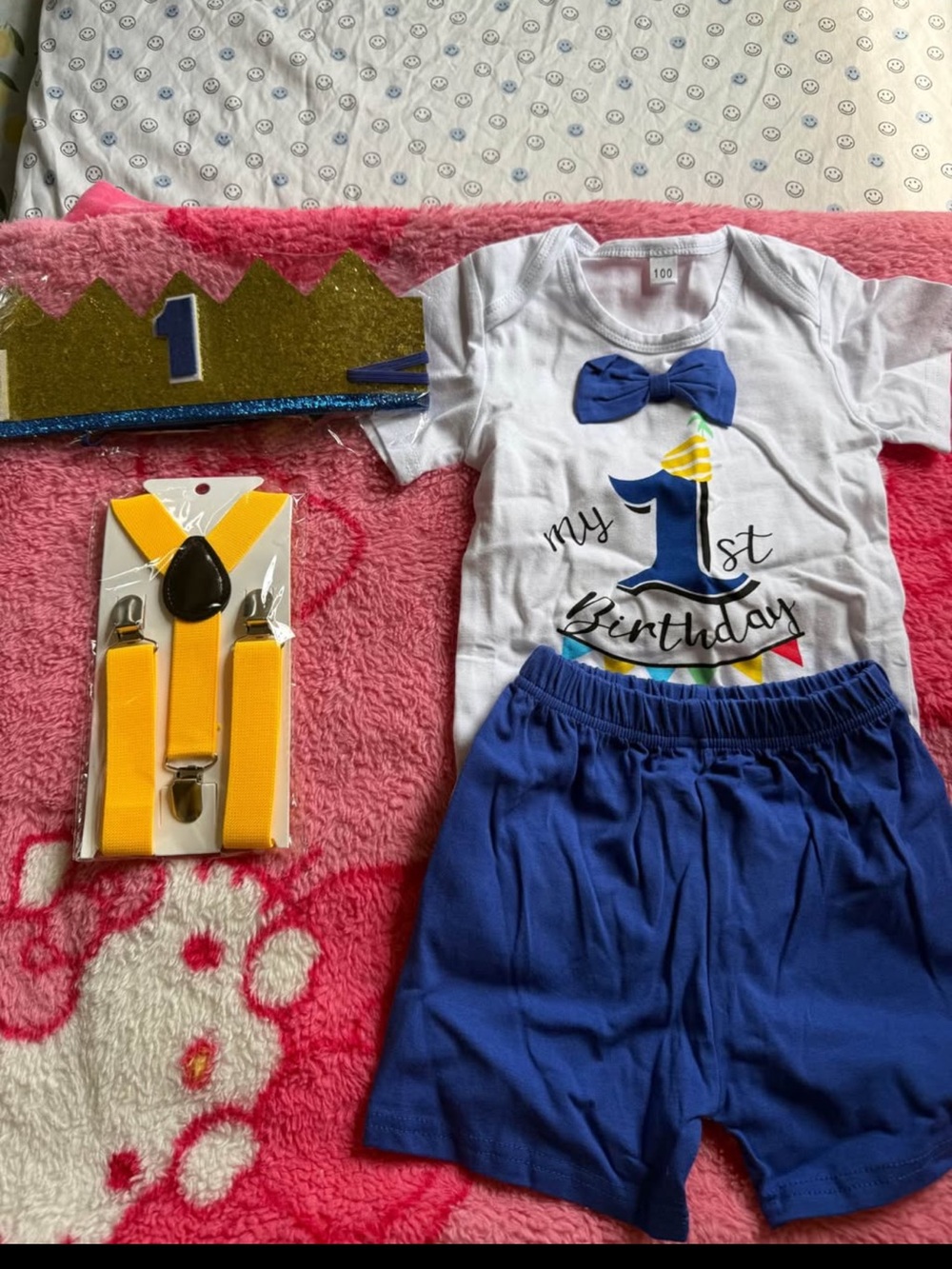 First Birthday Blue & White Outfit with Yellow Suspenders
